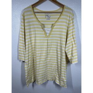 JMS Just My Size Shirt Womens 3X Yellow White Stripe Split V Neck 3/4 Sleeve